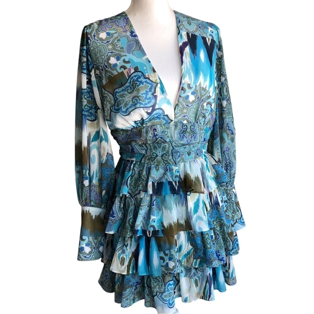 Kasia Dress Tiered Ruffles Blue Abstract Print Size Small